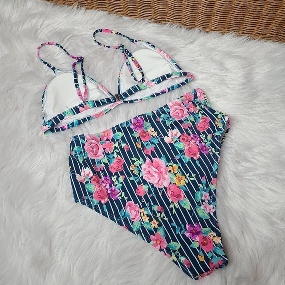 Floral And Striped High Waisted BikiniSz L - Picture 12 of 14